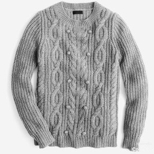 J crew cashmere wool Pom Pom knit light Gray Cable Knit crew neck Sweater XS EUC